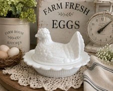 Vintage Milk Glass Hen on Nest Covered Dish with Basketweave Base — listing 3