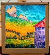 Vintage Hand-Painted Multi-Pane Window Sash Autumn Farm Scene Folk Art Painting
