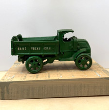 Antique Cast Iron Dump Truck Toy "Sand Rocks Coal", Green & White Paint, 7.5" — listing 4
