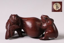 Antique Carved Wood Netsuke of Two Rats with Rice Sheaf, 2 Inch, Signed Underside, Maker Unknown — listing 3
