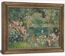 Framed Floral/Garden Landscape Print in Gold and Blue Wood Frame, listing 6