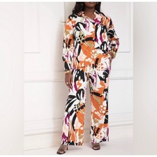 Abstract Swirl Print Two-Piece Set - Wide-Leg Palazzo Pants & Camp-Collar Shirt (Tan & Black) — listing 2