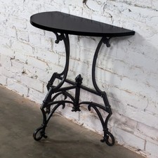 Teal Wrought Iron Demilune Console Table with Glass Top and Floral Rosette Medallion — listing 3