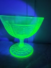 Vaseline Uranium Glass Footed Sherbet Cup, Yellow Block Optic Pattern — listing 6