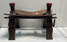 Vintage Egyptian Camel Saddle Footstool with Upholstered Cushion and Studded Wood Frame — listing 3
