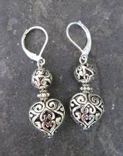 Vintage Puffed Heart Dangle Earrings with Etched Floral Scroll Design 925 or Sterling stamped — listing 2
