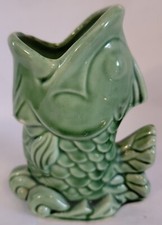 Vintage Green Glazed Ceramic Gurgle-Style Open-Mouth Koi Fish Vase / Planter — listing 2
