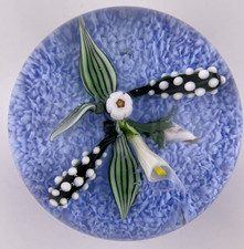 Art Glass Lampwork Floral Orchid Paperweight on Dark Blue/Green Ground — listing 2
