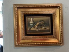 Musical Still Life Oil Painting with Violin, Sheet Music, and Books in Carved Giltwood Frame