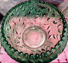 Vintage Emerald Green Pressed Glass Footed Vase with Swirl and Star/Hobstar Pattern, Scalloped Rim — listing 3