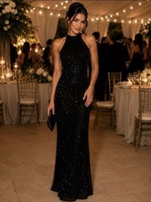 Black Sleeveless Mock-Neck Maxi Dress with Beaded/Sequin Side Embellishments, Size 2XL — listing 2