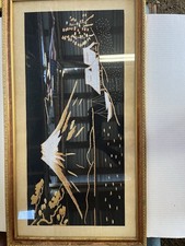 Vintage Rice Straw Marquetry Tropical Island Scene in Gilt Faux-Bamboo Frame — listing 2