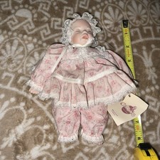Vintage Porcelain Baby Doll with Blonde Hair, Blue Eyes, White Eyelet Lace Bonnet and Gown