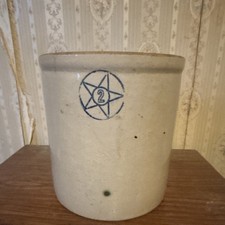 Antique Stoneware Crock with Blue Star Trademark, Brown & White Salt Glaze — listing 2
