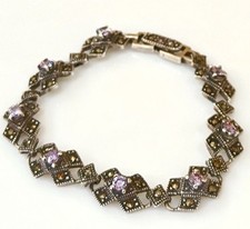 Vintage Sterling Silver Marcasite Floral Link Bracelet