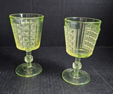 Antique Vaseline Uranium Glass Goblet / Water Cup, Daisy & Button with Panels Pattern, 5.5 inches tall — listing 4