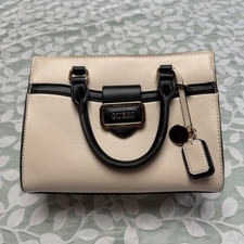 G by Guess Black Saffiano Leather Satchel Handbag with Turn-Lock G Charm