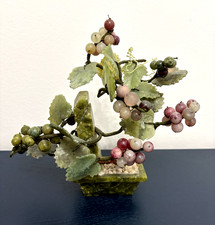 Vintage Chinese Carved Jade/Serpentine Grape Cluster with Metal Leaves — listing 2