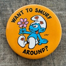 Vintage Smurf "Happy Smurfday" Pinback Button with Birthday Cake — listing 2