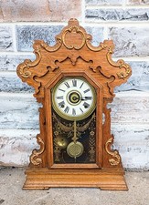 Antique Victorian Pressed Oak Gingerbread Kitchen Mantel Clock with Pendulum — listing 2