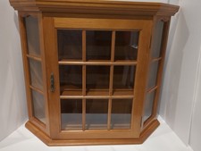 Oak Curved-Glass Curio Display Cabinet with Leaded Beveled Diamond Panels and Mirrored Back — listing 3