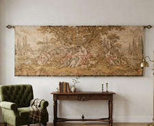 Vintage Woven Scenic Landscape Tapestry Tablecloth with Lake, Cottage & Sailboat Motif — listing 3