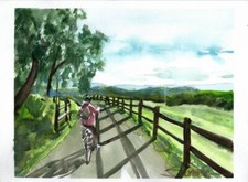 Framed Mediterranean Coastal Scene Print — Figure with Bicycle, Beach Cabins and Boats — listing 4