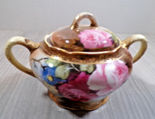 Ivory Porcelain Covered Sugar Bowl with Embossed Pink Orchid and Gold Trim — listing 4