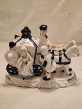 Vintage Porcelain Horse-Drawn Coach Figurine with Colonial Figures and Gold Trim