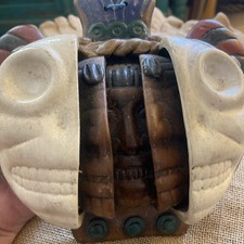 Small Mexican Folk Art Faux Tribal Mask, Hand-Painted Terracotta Wall Mask with Parrots (6.25 x 5 in) — listing 2