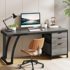 Industrial Style Single-Pedestal Writing Desk with Faux Wood Top and Black Metal Frame — listing 2
