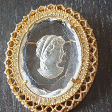 Antique Filigree Domed Carved Cameo Brooch with Turquoise and Jade Cabochons