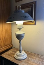 Tall Tole-Style Buffet Table Lamp with Red Empire Shade and Gilt Scroll Accents — listing 3