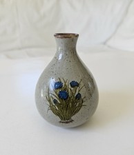 Takahashi Japanese pottery Vintage Takahashi Speckled Stoneware Sake Bottle Vase with Woven Rattan Medallion — listing 4