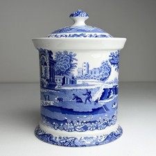 Antique Blue & White Transferware Biscuit Barrel with Wicker Handle and Lid — listing 2
