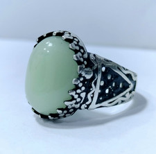 Vintage Men's Two-Tone Signet Ring with Oval Green Cabochon (Jade or Chrysoprase) — listing 5
