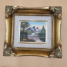 Vintage Original Oil Painting Landscape with River and Trees in Ornate Gilt Frame