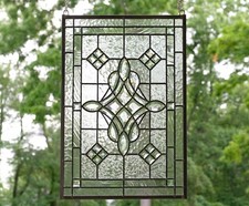 Beveled Glass Elongated Octagon Panel with Etched Starburst and Mounting Hole — listing 2