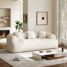 Beige Chenille Upholstered Three-Seat Sofa with Accent Pillows
