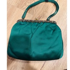 Vintage Emerald Green Satin Evening Bag with Gold Chain & Inner Coin Purse