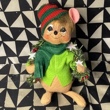 Vintage Christmas White Mouse Plush in Red Star Pajamas with Green Scarf — listing 5