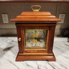 "The Fawndale" Wood Mantel Clock with German Movement and Brass Filigree Dial — listing 6