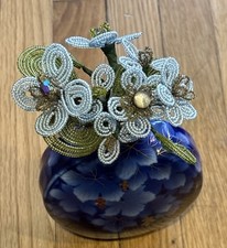 Antique French Beaded Flower Posie - 6 White Glass Seed Bead Daisies with 4 Green Leaves, 1930s — listing 6