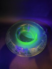 Vintage Uranium Glass Rolled-Edge Console Bowl with Gold Floral Encrusted Band, 15" Diameter — listing 5