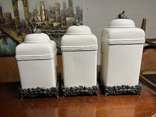Belaverra Cream Ceramic Kitchen Canister Set with Pewter Pineapple Finials