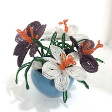 Antique French Beaded Flower Posie - 6 White Glass Seed Bead Daisies with 4 Green Leaves, 1930s — listing 5