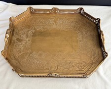 Vintage Central Asian Engraved Brass Tray/Plate with Bukhara Minaret Scene on Carved Wood Folding Stand