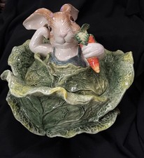 Vintage Ceramic Figural Rabbit Cabbage Leaf Relish / Celery Tray with Bunny Handles — listing 5