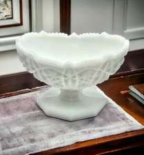Vintage White Milk Glass Footed Compote with Embossed Grape and Leaf Pattern — listing 4
