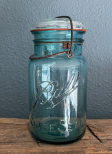 Antique Ball Sure Seal Aqua Green Glass Mason Jar with Glass Lid and Wire Bail Closure, Quart Size — listing 6